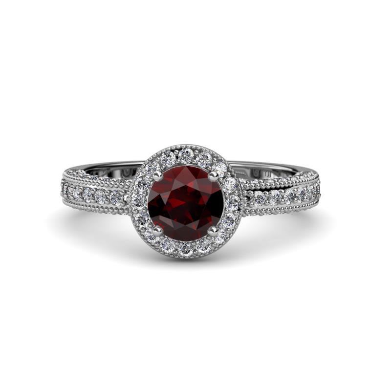 Red Garnet and Diamond (SI2-I1, G-H) Halo Engagement Ring with Milgrain ...