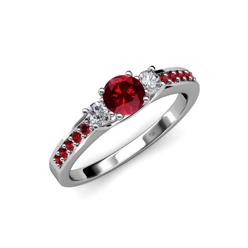 Ruby and Diamond Womens Three Stone Engagement Ring with Ruby on Side