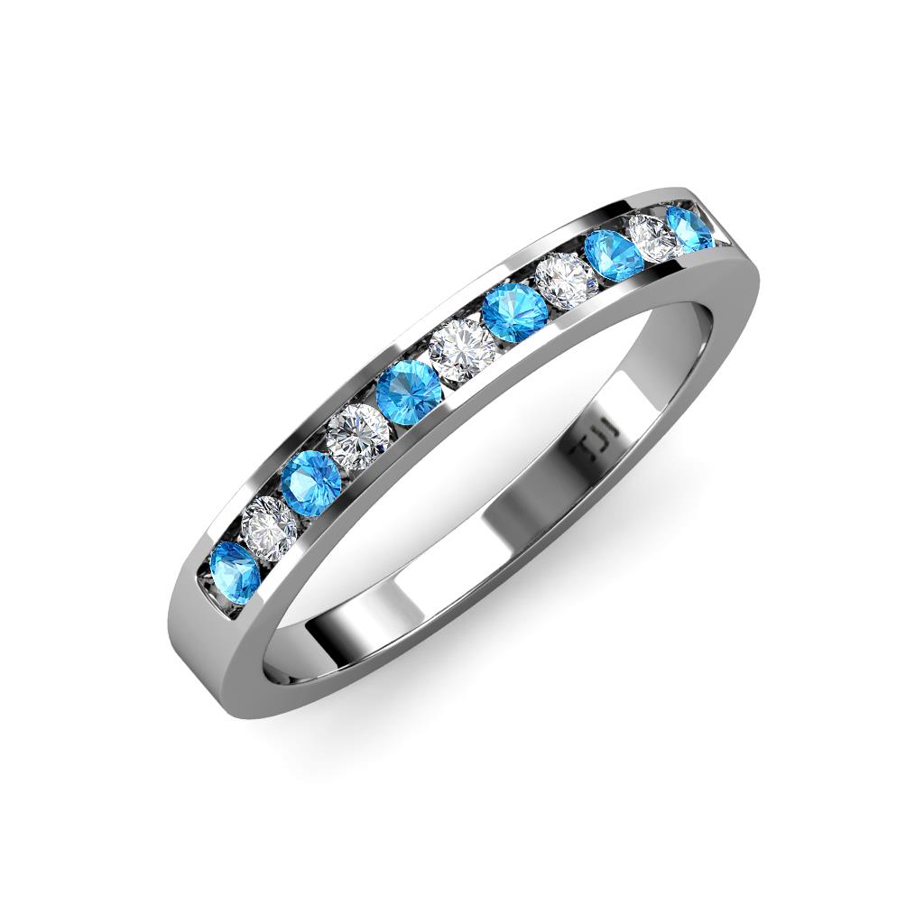 Round Blue Topaz Diamond 11 Stone Women Stackable Wedding Band Ring 14K ...