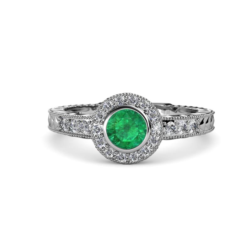 Emerald and Diamond Engraved Milgrain Womens Halo Engagement Ring 0.64 ...
