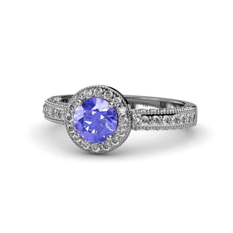 Diamond Halo Engagement Ring with Milgrain Work 1.49 cttw in 14K White ...