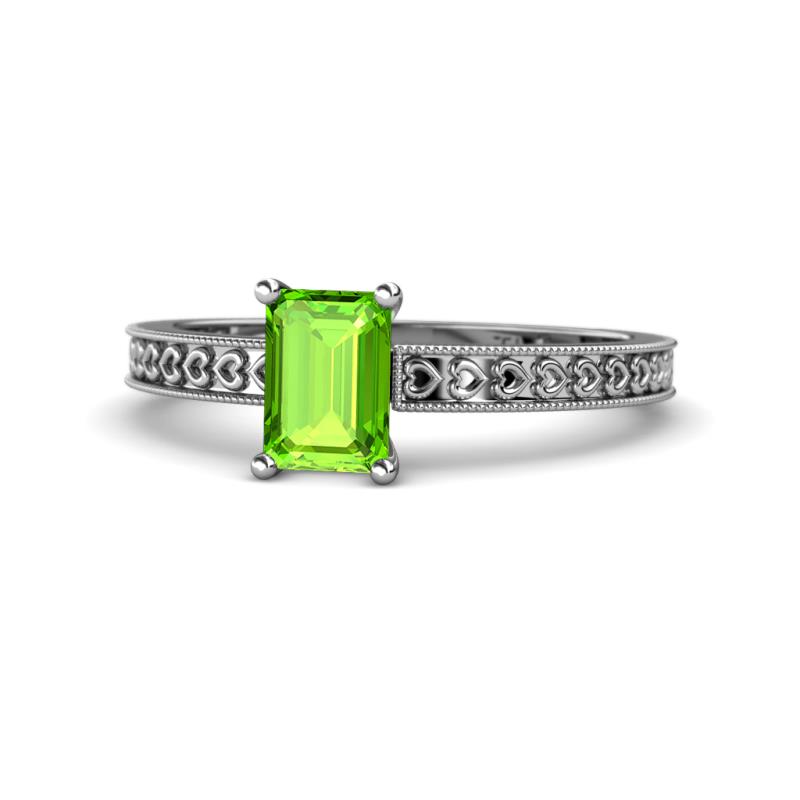 Janina Classic Emerald Cut Peridot Solitaire Engagement Ring Emerald Cut x Peridot Heart Engraved Womens Solitaire Engagement Ring ct K White Gold